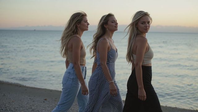 Three women walking along pebbly shoreline at sunset, golden hour coastal stroll