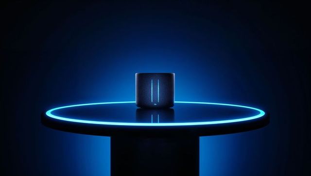 Futuristic smart speaker on neon halo pedestal with blue led voice assistant