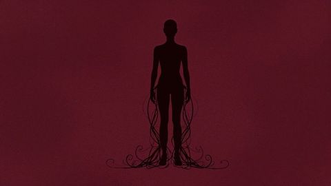 Abstract Silhouette with Organic Vine-like Tendrils on Burgundy Background