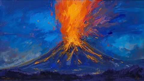 Expressionist Volcanic Eruption with Fiery Lava and Ash Cloud at Dusk