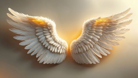 Graceful white and gold feathered angel wings on elegant background