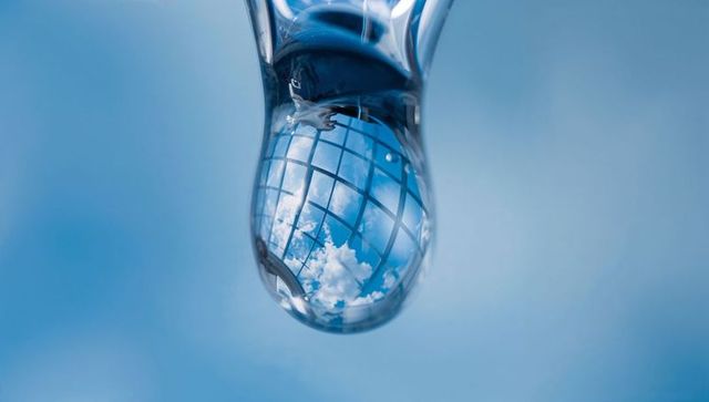 Hanging single water droplet refracting inverted skylight grid and clouds in blue macro