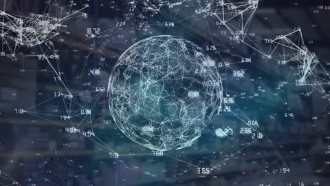 Digital Global Network Overlaying Warehouse Background