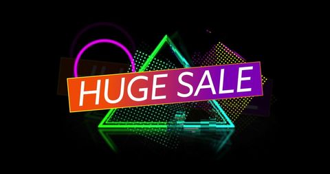 Retro eighties neon huge sale advertisement with geometric shapes