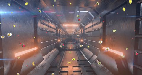 Futuristic Metallic Tunnel Enhanced with Colorful Floating Fruit Symbols