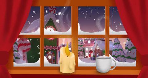 Cozy Winter Scene with Candle and Hot Drink on Snowy Evening