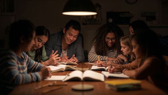Evening group studying with tutor guiding diverse students under warm lamp light