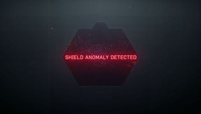 Futuristic hexagon hud displaying red shield anomaly alert with particle effects