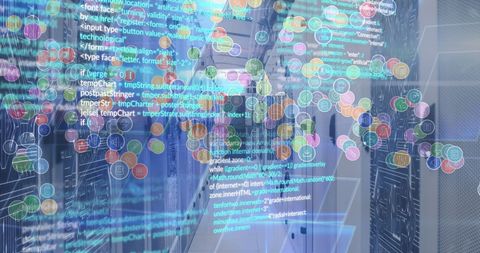 Futuristic data processing and media icons in server room