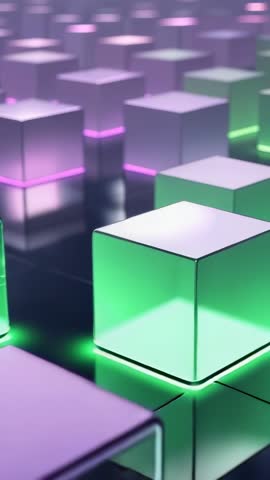 Sliding Neon-Edged Cubes Panning Right with Green Foreground Cube in Vertical Cyberpunk Grid Loop