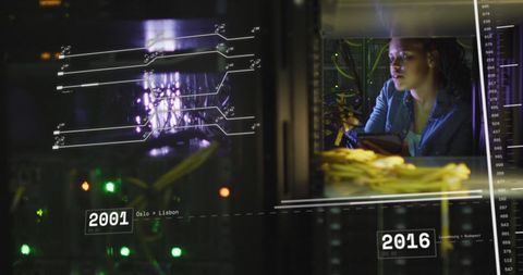 Technical expert managing server infrastructure with code visualization