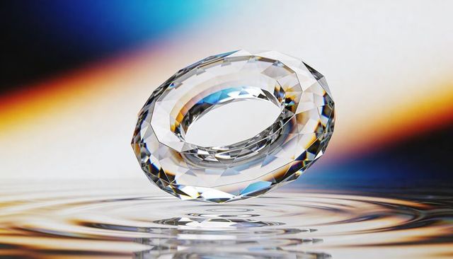 Floating faceted crystal torus casting colorful ripples over mirrored water with prism refractions