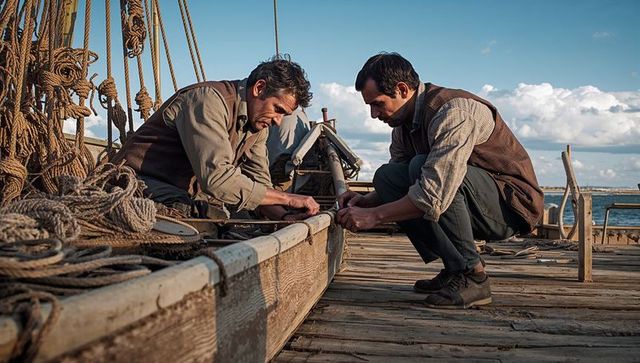 Two sailors repairing rope along wooden boat gunnel on rustic pier during golden hour