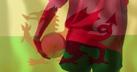 Wales Flag Overlapping Female Rugby Player Holding Ball Symbolizing Patriotism