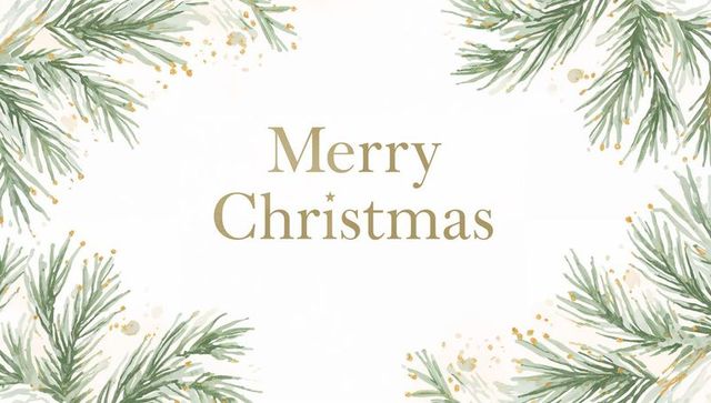 Displaying merry christmas gold serif text with watercolor pine sprigs, minimal holiday card