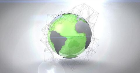 Green tech globe with wireframe network and lens flare for sustainable digital concepts