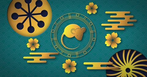 Chinese zodiac rat on traditional blue background