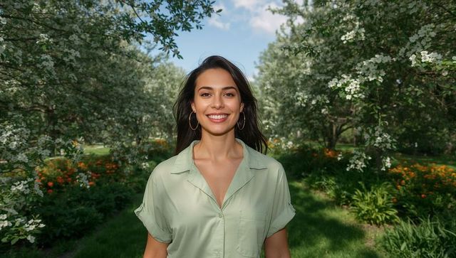 Smiling Woman in Green Shirt Strolling through Lush Orchard Landscape