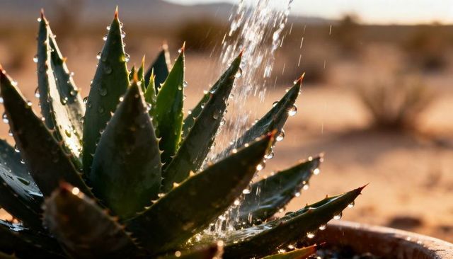 Backlit agave catching water droplets at golden hour in desert planter