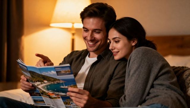Couple reading travel brochure in cozy bedroom planning romantic getaway