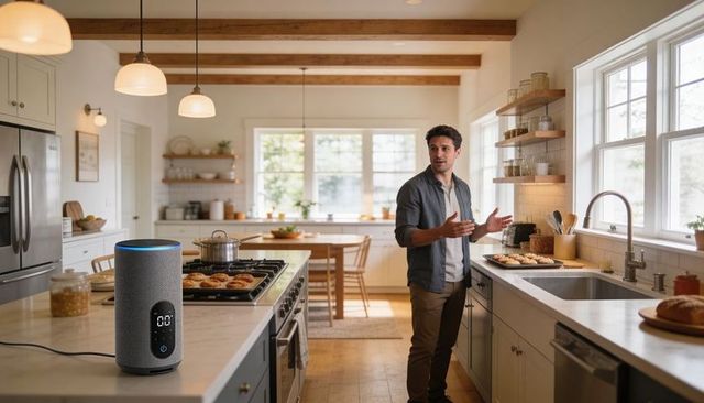 Young man baking in bright farmhouse kitchen with smart voice speaker and fresh pastries