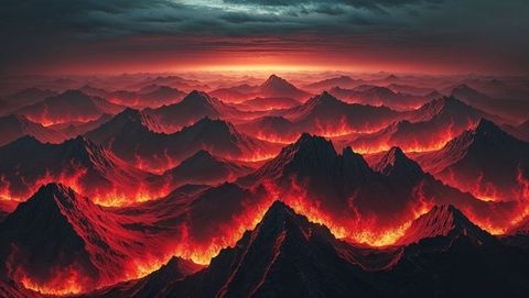 Fiery lava illuminating volcanic hell landscape under dramatic sky