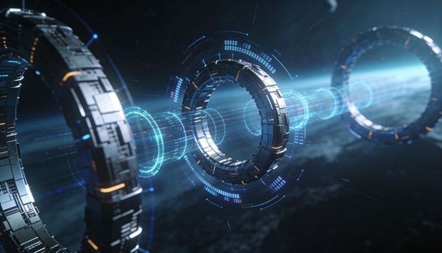 Futuristic conduit rings sending cyan energy beam through space holographic orbital