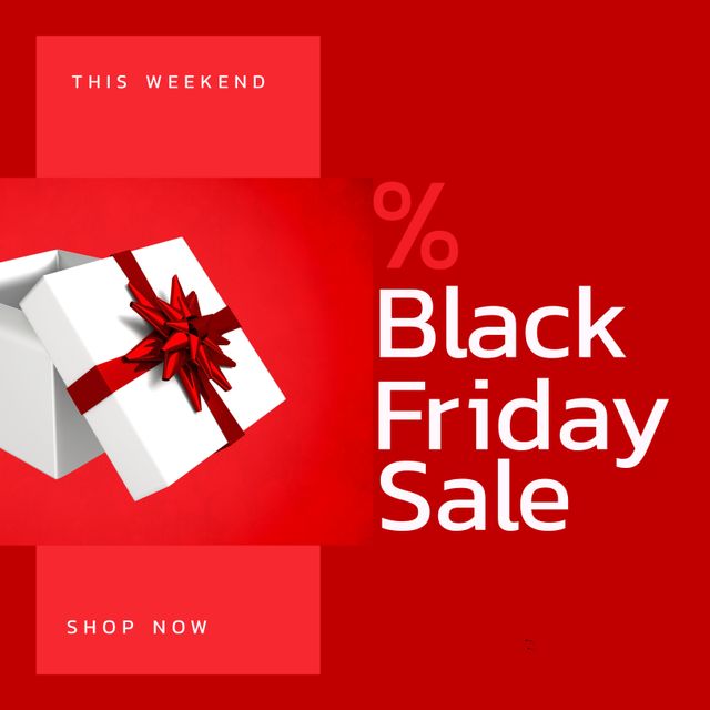 Vibrant banner featuring Black Friday sale announcement with a gift box on red background. Perfect for online retailers, e-commerce sites, and marketing campaigns encouraging customers to shop during the Black Friday weekend.
