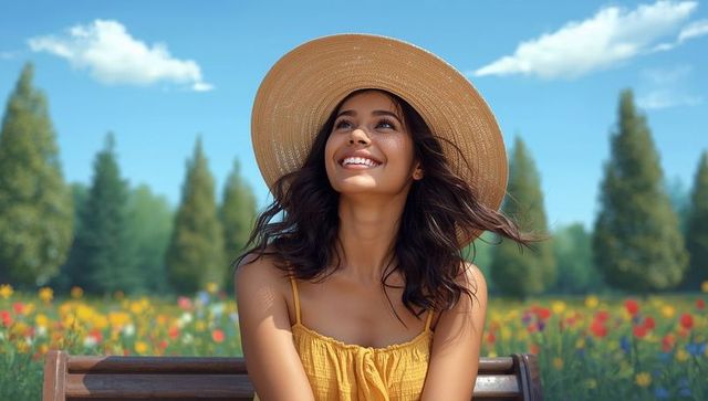Woman with Straw Hat Relaxing in a Vibrant Flowery Meadow