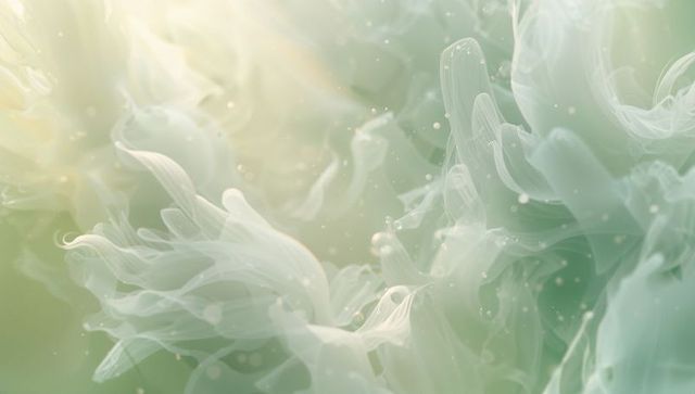 Drifting translucent ribbons forming layered wisps in pale green cream soft light