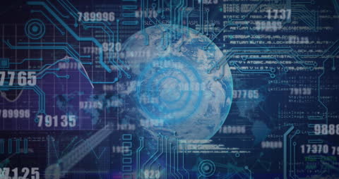 Digitally animated videory blending circuitry patterns and global map centering globe with overlaid data numerals communicates ideas of global networking and the role of technology in managing worldwide information. Ideal for marketing campaigns in electronics, server management or as illustrative cover for print associated with futuristic design or innovation discourses.