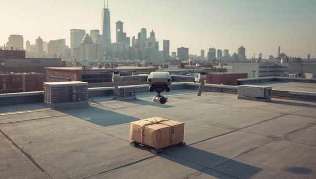 Drone delivering package to rooftop wheeled dolly over urban skyline at golden hour
