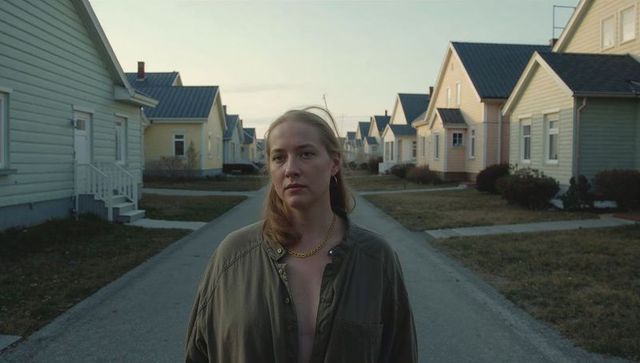 Standing woman gazing down pastel suburban street at dusk, symmetrical small-town scene