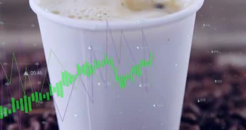 Coffee Cup with Financial Analytics Overlaid Showing Trends