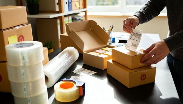 Hands Applying Shipping Labels for Small Business Packing and E-commerce Order Fulfillment
