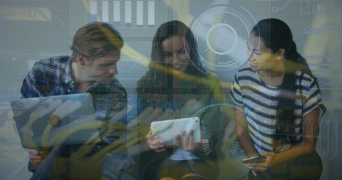 Diverse Group of Friends Using Technology with Data Overlay