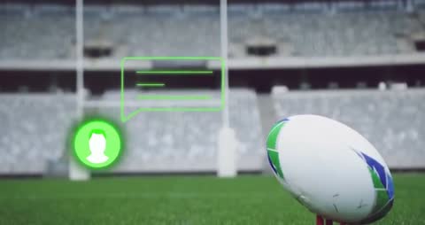 Rugby Ball on Field with Digital Chat Icon and Text Overlay