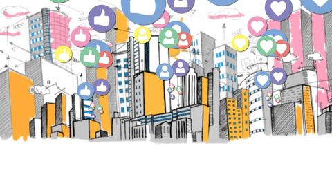Social Media Icons in Vibrant Urban Skyline Illustration - Download Free Stock Images Pikwizard.com