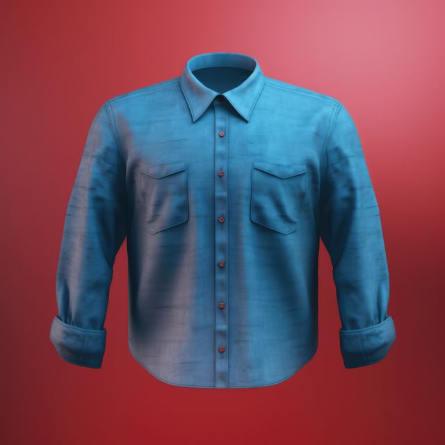 Blue denim shirt with button-up front and pocket details presented on a red background. Ideal for fashion blogs, apparel advertisements, online stores, clothing websites, and design inspirations.