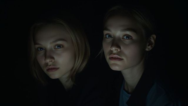 Moody low-key portrait featuring two young women posing in dramatic chiaroscuro lighting