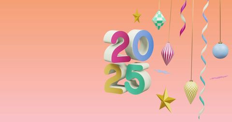 Colorful 2025 with Festive Decorations on Gradient Background