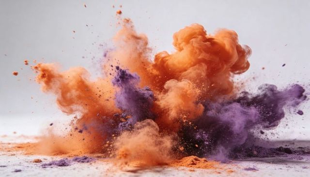 Exploding orange and purple powder colliding, creating dramatic colorful dust plume