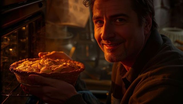 Middle-aged man taking homemade apple pie from oven, smiling in warm cozy kitchen light