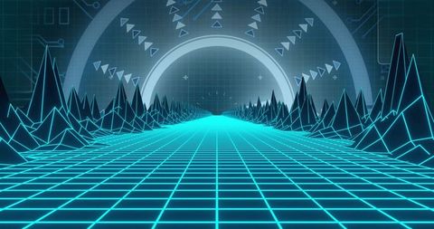 Futuristic landscape with digital grid and neon mountains