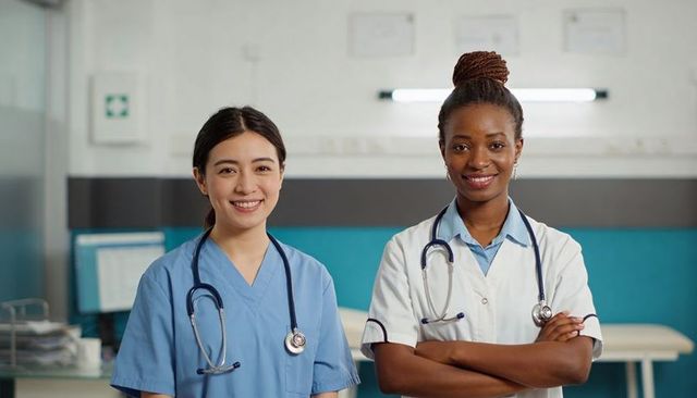 Smiling healthcare professionals posing in clinic with stethoscopes and monitor