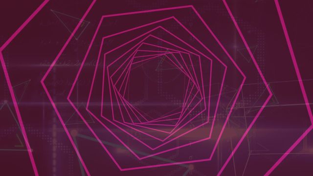 Abstract video depicting a neon hexagonal tunnel extending into background on pink gradient with overlaid geometric shapes and charts. Ideal for use in technology presentations, futuristic designs, sci-fi themes, and backgrounds for digital and multimedia projects.