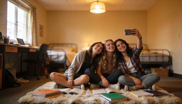 Smiling college roommates taking selfie in cozy dorm room during evening study session