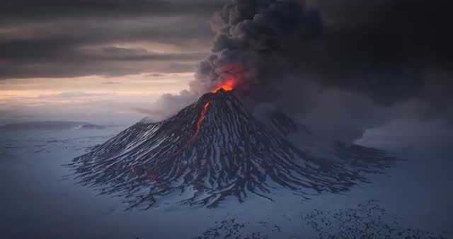Majestic Volcano Erupting with Ash and Lava in Winter Twilight