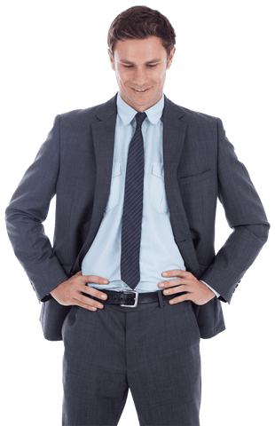 Confident Businessman Smiling with Hands on Hips in Suit on Transparent Background