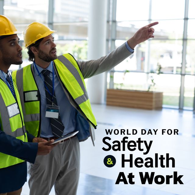 Two diverse architects wearing safety hats and high visibility vests, standing in a modern building lobby, discussing safety protocols for workplace safety awareness. One architect is pointing while the other is holding a digital tablet. This image can be used for promoting safety and health in the workplace, celebrating World Day for Safety and Health at Work, or illustrating professional discussions on construction site safety.